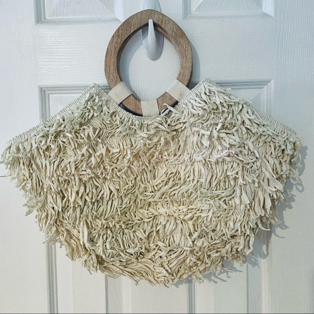 Anthropologie White Raffia/Wood Handles Summer Bag